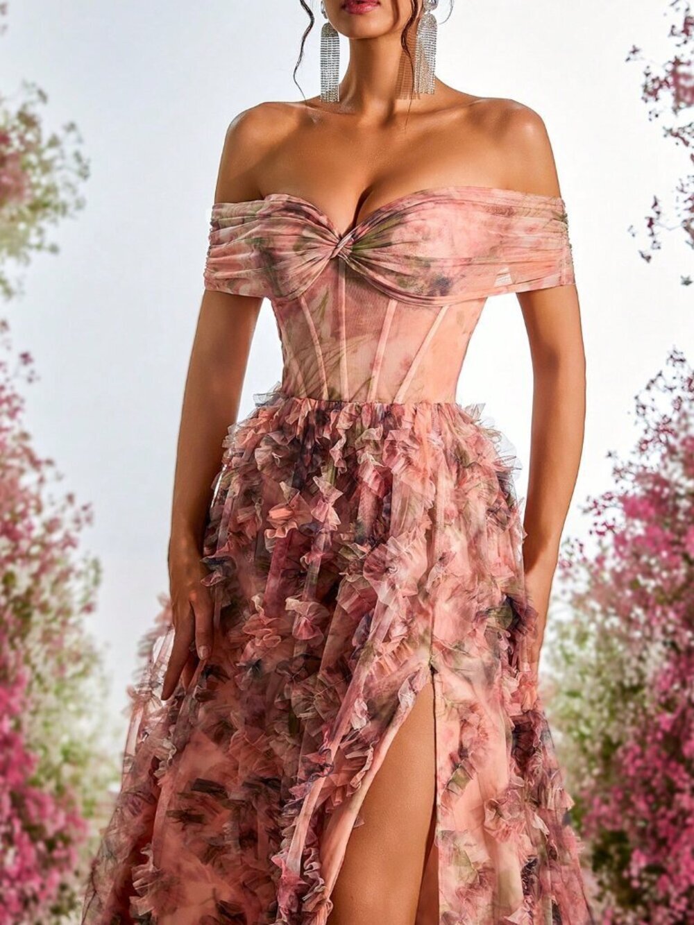 Multicolor Elegant Women's Off-Shoulder High Slit A-Line Maxi Dress - Picture 2 of 7